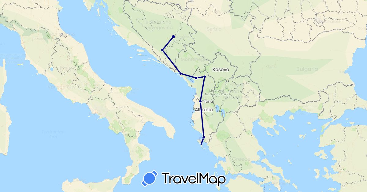 TravelMap itinerary: driving in Albania, Bosnia and Herzegovina, Greece, Montenegro (Europe)